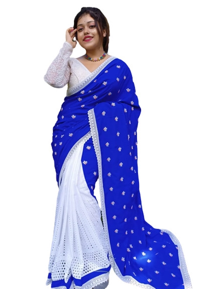 Blue & White Embroidered Half N Half Saree 5560SR02