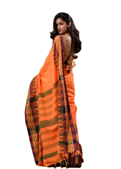 Deep Orange Color Contrast Pure Gicha Silk Saree (She Saree 807)