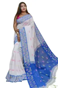 Kalamkari Handloom Saree (White and Blue)