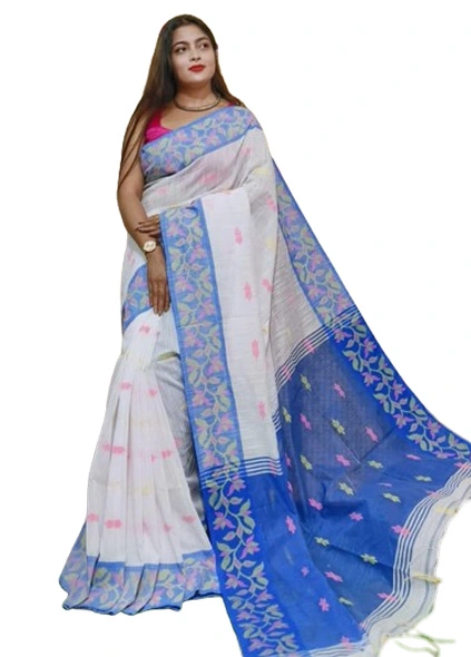 Kalamkari Handloom Saree - White and Blue