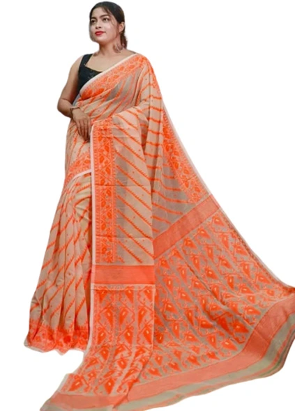 Handloom Tussar Silk Jamdani Saree in Carrot Orange, Off White and Gol –  Bengal Looms India