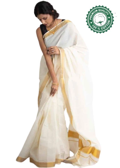 White-X-Gold Cotton Fully-Customized-Handpainted-Kerala-Saree.