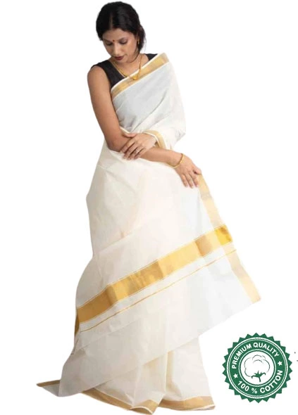Cream plain design kerala saree, gold colour zari border