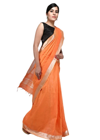 Charukriti Orange & Navy Blue Solid Cotton Blend Handloom Saree -  Absolutely Desi