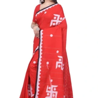 Swastik Aplik Work Cotton Saree Red
