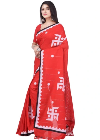 Swastik Aplik Work Cotton Saree Red