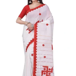 Aplik Work Cotton Saree White