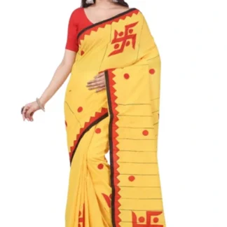 Swastik Aplik Work Cotton Saree Yellow