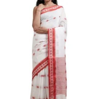 White Cotton Saree with Red Border