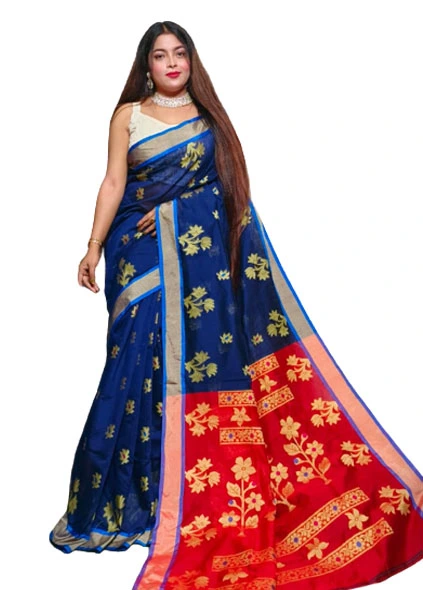 Phulia Handloom Saree Navy Blue and Red