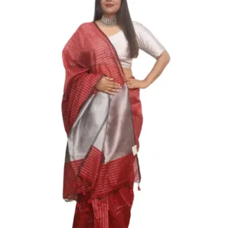 Red Handloom Saree with Silver Zari