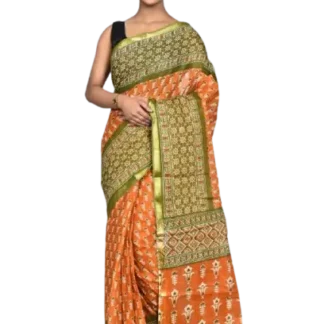 Ajrak Print Cotton Saree with Hand Block Work (Yellow)